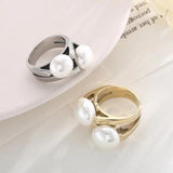 Stainless Steel Double Shell Pearl Wedding Bands Rings Finger Jewelry Gift