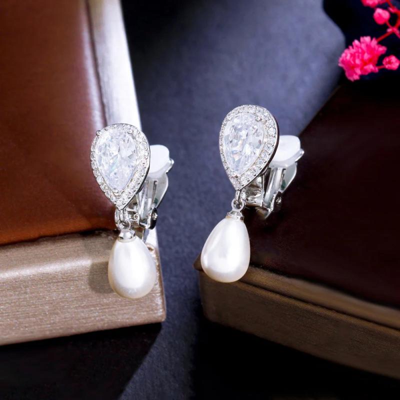 CZ Cubic Zircon Dangly Bridal Wedding Party Clip on Pearl Earrings