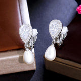 CZ Cubic Zircon Dangly Bridal Wedding Party Clip on Pearl Earrings