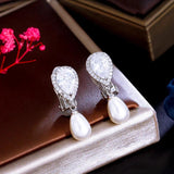 CZ Cubic Zircon Dangly Bridal Wedding Party Clip on Pearl Earrings