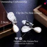 CZ Cubic Zircon Dangly Bridal Wedding Party Clip on Pearl Earrings