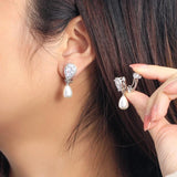 CZ Cubic Zircon Dangly Bridal Wedding Party Clip on Pearl Earrings