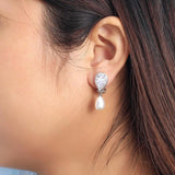 CZ Cubic Zircon Dangly Bridal Wedding Party Clip on Pearl Earrings