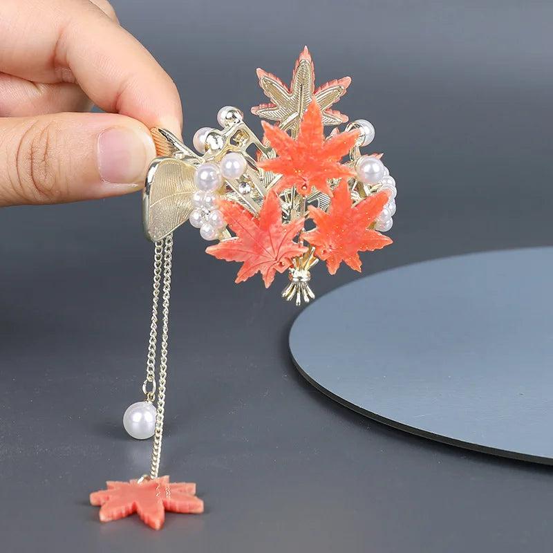 Vintage Maple Leaf Hair Clip Pearl Fringe Hair Accessories