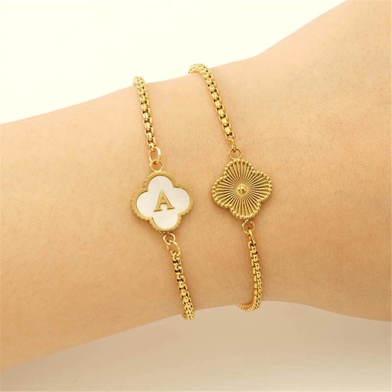 Stainless Steel Initial Letter Clover Bracelet for Women