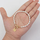 A-Z Letter Women Bracelet Stainless Steel Clasp Pearl Bead Gift