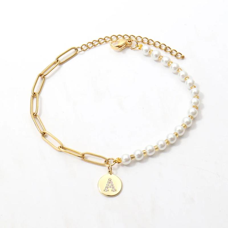 Initials Charm Bracelet Women Pave CZ Pearl Bead Bracelet Jewelry Gift