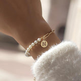 Initials Charm Bracelet Women Pave CZ Pearl Bead Bracelet Jewelry Gift