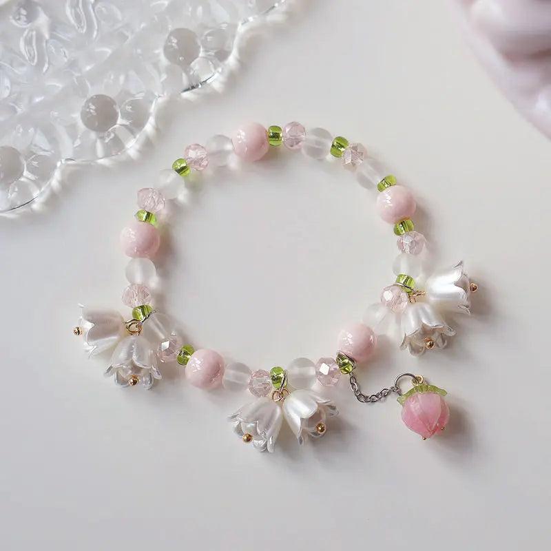 Y2K Flower Bracelets Natural Pearls Beaded Crystal Charms