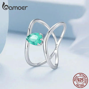 925 Silver Double-layer Cross Ring Green Glass Platinum Plated Jewelry