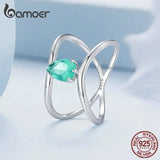925 Silver Double-layer Cross Ring Green Glass Platinum Plated Jewelry