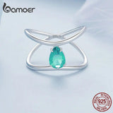 925 Silver Double-layer Cross Ring Green Glass Platinum Plated Jewelry