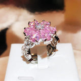 Pink Flower 925 Silver CZ Wedding Band Rings Jewelry