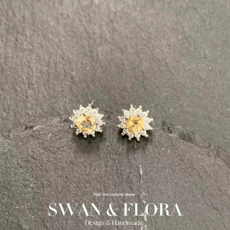 925 Silver Citrine Stud Earrings Vintage Gift Jewelry
