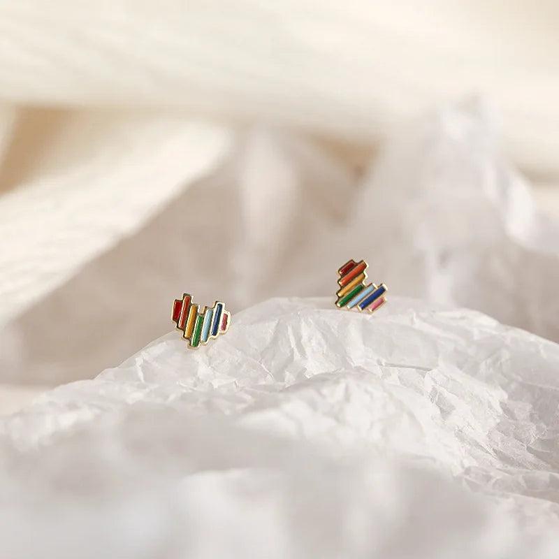 Rainbow Heart Stud Earrings 925 Silver Girlfriend Gift