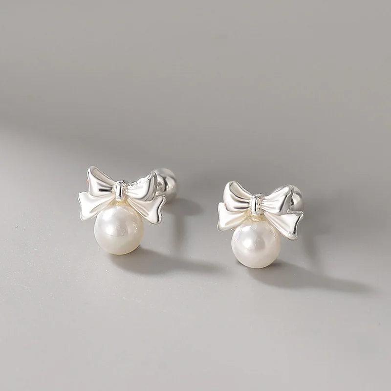 925 Silver Pearl Bow Stud Earrings for Women Romantic Jewelry Gift