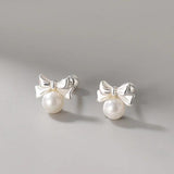 925 Silver Pearl Bow Stud Earrings for Women Romantic Jewelry Gift