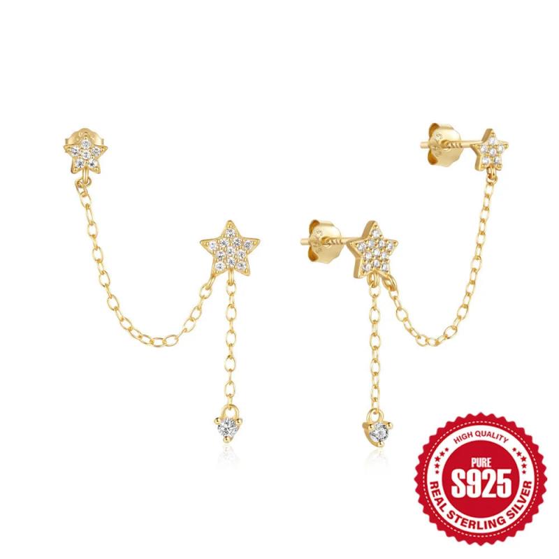 S925 Mini Stars Tassel Chain Stud Earrings Women Wedding Jewelry Gift Brincos