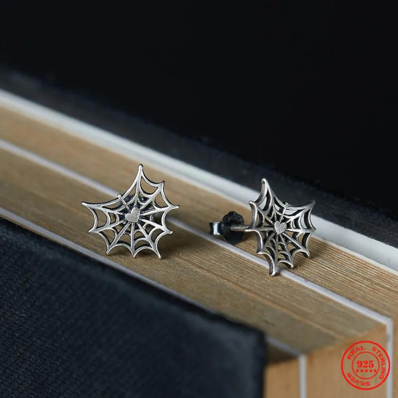 925 Silver Spider Web Stud Earrings Gothic Style