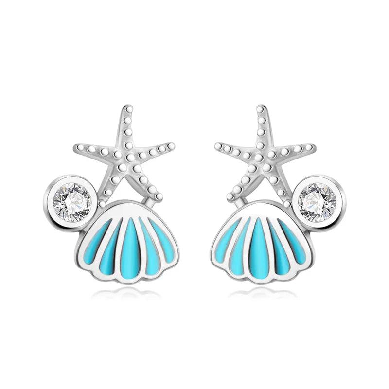 925 Sterling Silver Shell Starfish CZ Stud Earrings For Women