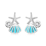 925 Sterling Silver Shell Starfish CZ Stud Earrings For Women