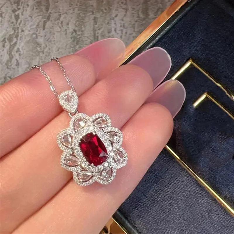 Flower Ruby Crystal Jewelry Set Silver 925 Zircon Wedding Accessorie
