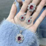 Flower Ruby Crystal Jewelry Set Silver 925 Zircon Wedding Accessorie