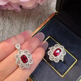 Flower Ruby Crystal Jewelry Set Silver 925 Zircon Wedding Accessorie