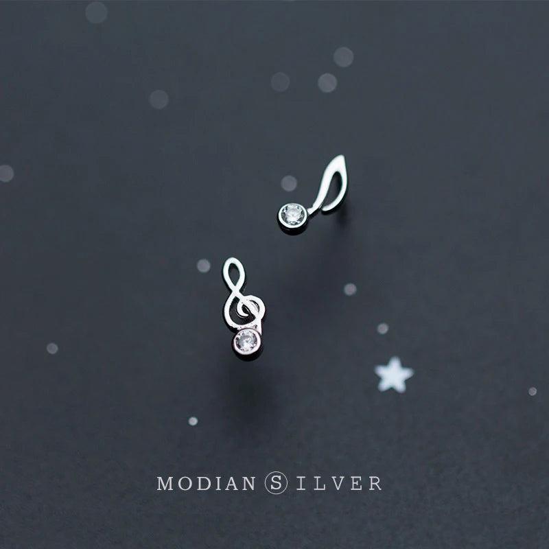 925 Silver CZ Musical Note Asymmetry Stud Earring
