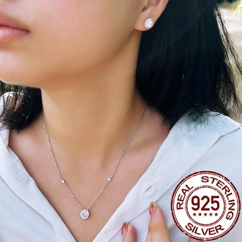 CWWZircons 925 Silver Zircon Stud Earrings Necklace Set