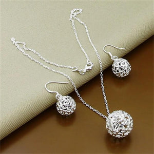 925 Silver Ball Pendant Necklace Earrings Set - Party Gift