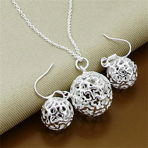 925 Silver Ball Pendant Necklace Earrings Set - Party Gift