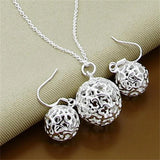925 Silver Ball Pendant Necklace Earrings Set - Party Gift