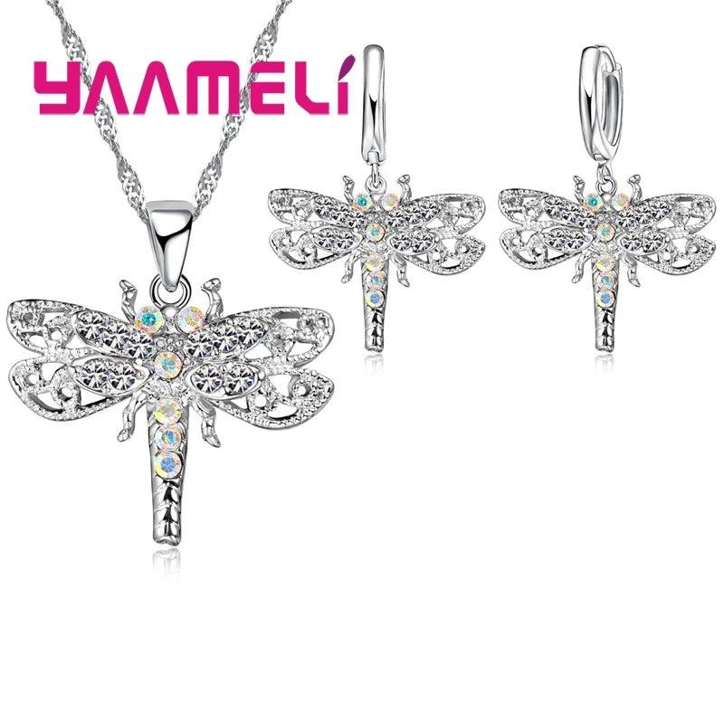 925 Silver Rhinestone Dragonfly Necklace Earring Set