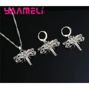 925 Silver Rhinestone Dragonfly Necklace Earring Set