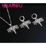 925 Silver Rhinestone Dragonfly Necklace Earring Set