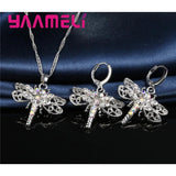 925 Silver Rhinestone Dragonfly Necklace Earring Set
