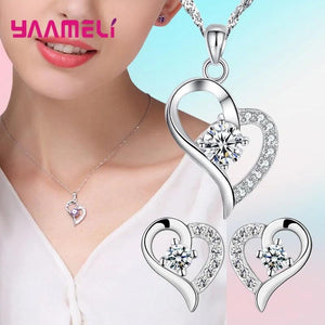 925 Silver Jewelry Sets Heart Charms Necklace Earrings