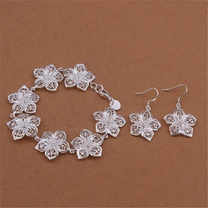 925 Sterling Silver Flower Earrings Bracelet Set for Women