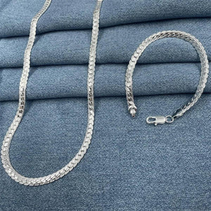 925 Silver 2 Pc 5MM Sideways Chain Necklace Bracelet Set Wedding Gift