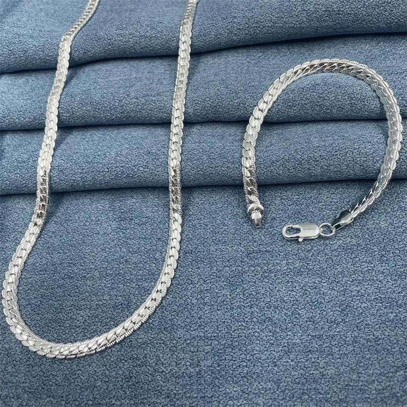 925 Silver 2 Pc 5MM Sideways Chain Necklace Bracelet Set Wedding Gift