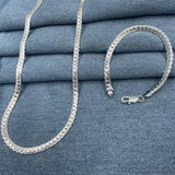 925 Silver 2 Pc 5MM Sideways Chain Necklace Bracelet Set Wedding Gift