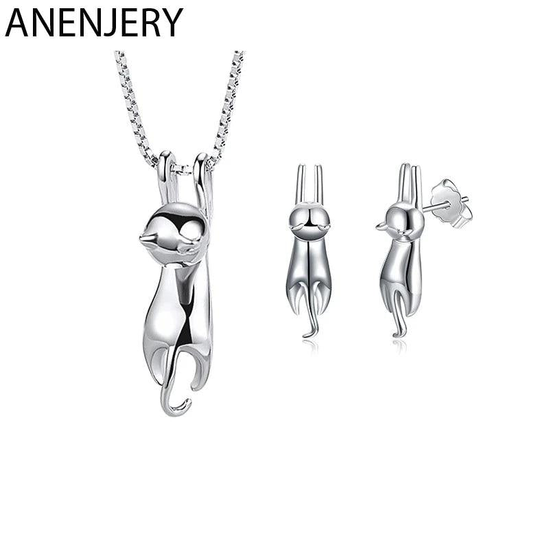 925 Silver Cat Necklace & Earrings Set for Women - Gift