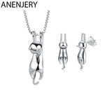 925 Silver Cat Necklace & Earrings Set for Women - Gift