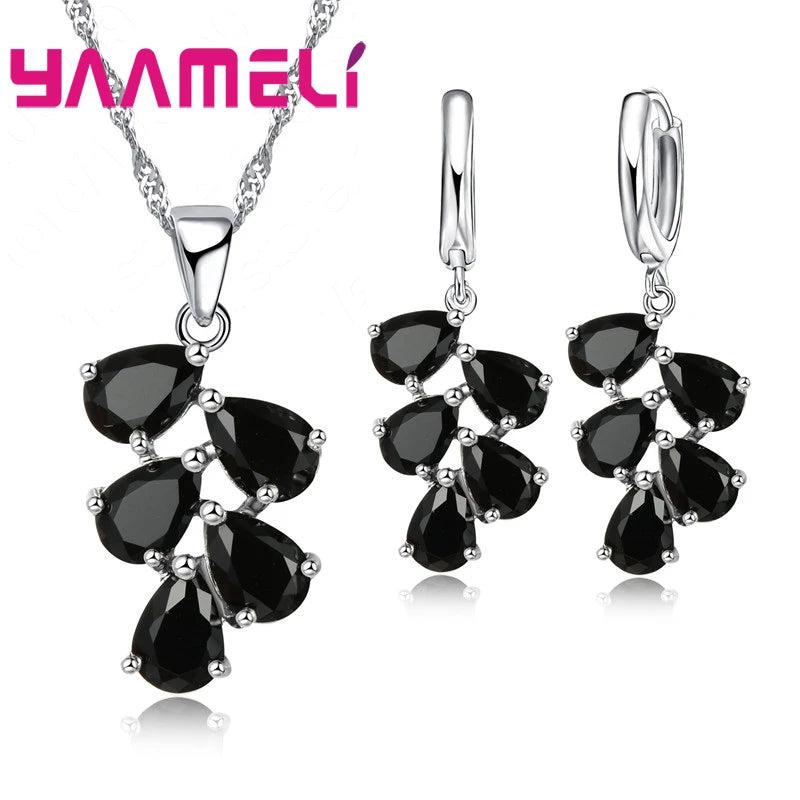 925 Silver CZ Jewelry Set Pendant Necklace Earrings
