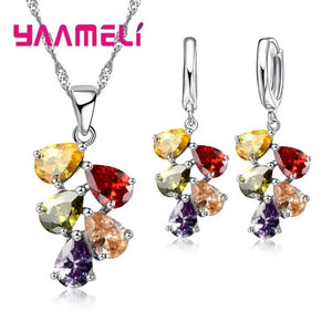 925 Silver CZ Jewelry Set Pendant Necklace Earrings