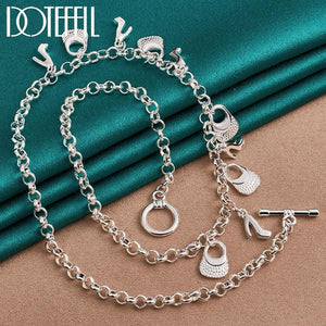 925 Silver High-heeled Shoes Bag Pendant Necklace Wedding Party Charm