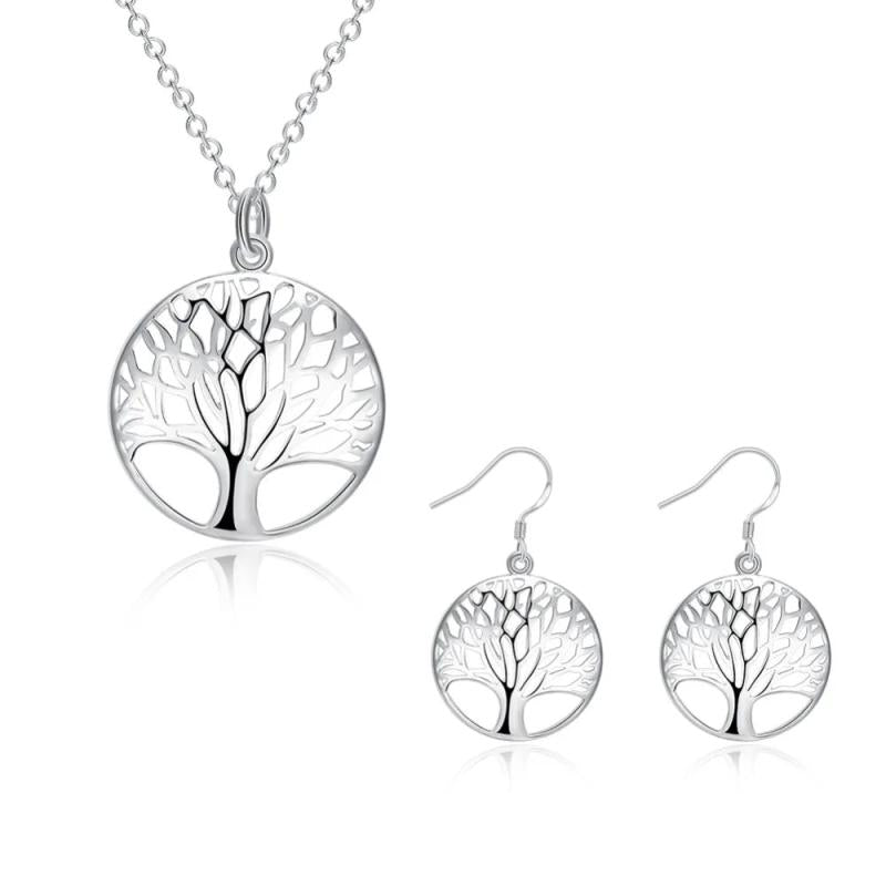 925 Silver Retro Tree Necklace Earrings Set for Women