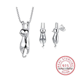 Sterling Silver Cat Earrings Necklaces Set for Wedding Party