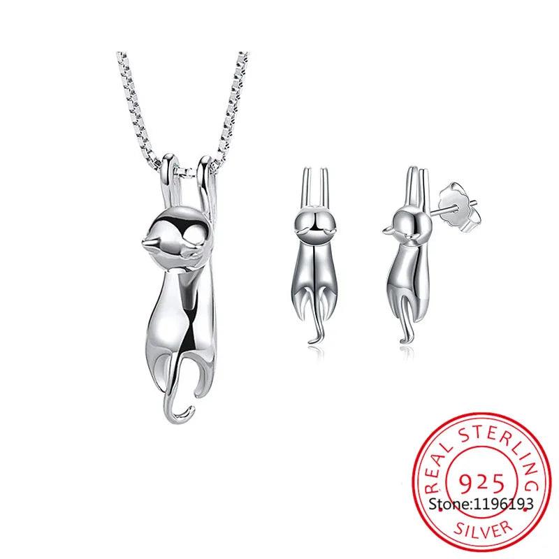 Sterling Silver Cat Earrings Necklaces Set for Wedding Party